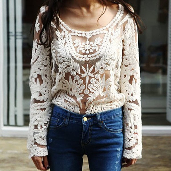 Women's Crochet Lace Solid Color Long Sleeve Shirt Loose Hollow Air Conditioning Shirts - Beige
