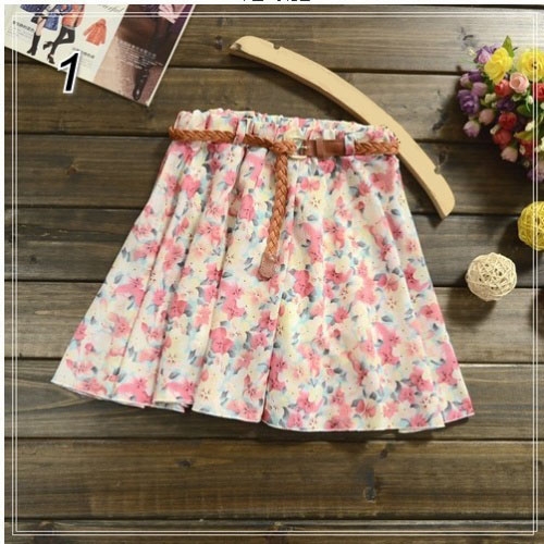 Colorful Floral Pleated Printed Plus Size Chiffon Short Dress With Belt